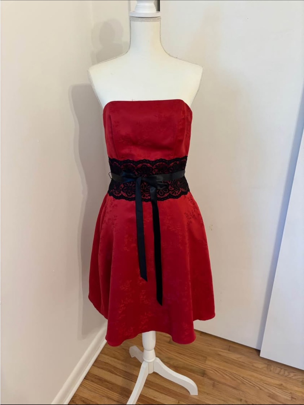 Red Strapless Cocktail Dress with Black Trim